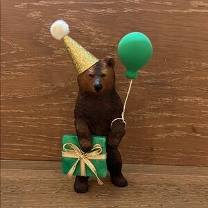 Brown Bear Party Figurine Cake Topper with Gold Hat and Green Balloon